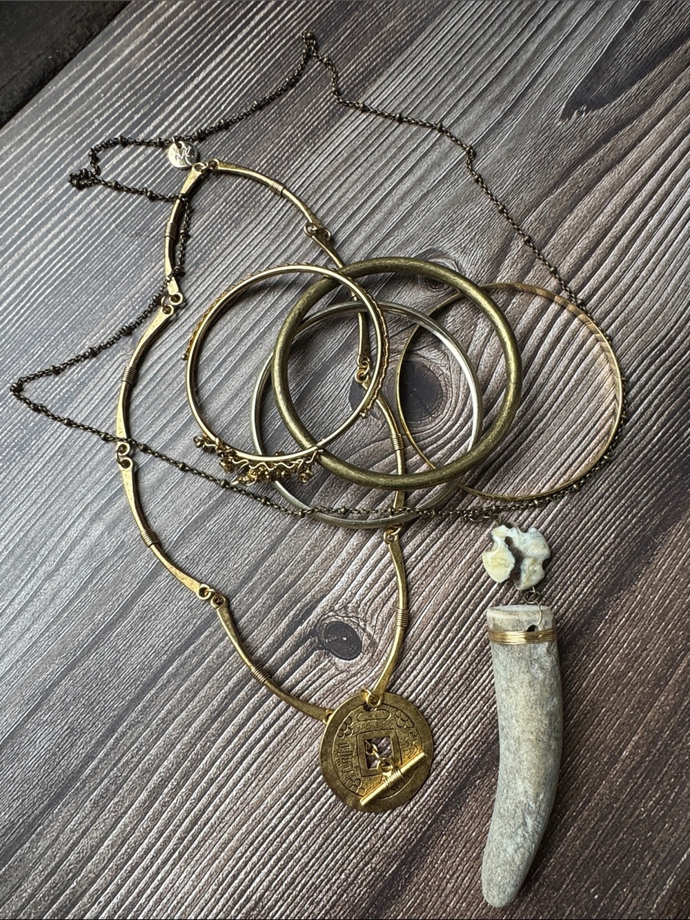 Brass & Bone  Mixed Metal Pendant Necklace and Bangle Set